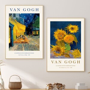 Vincent Van Gogh Lámina, Conjunto de pared de galería, Póster de exposición del museo - Terraza de café por la noche - 1888, Jarrón con cinco girasoles - 1888