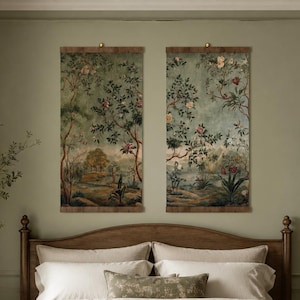 Set of 2 Chinoiserie Wall Art Tapestry, Old Money Decor, Vintage Botanical Garden Print, Grandmillennial Oriental Art