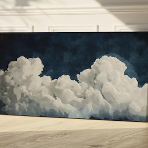 May include: A digital painting of a stormy sky with large, fluffy white clouds against a dark blue background.