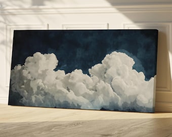 Puede incluir: Una pintura digital de un cielo tormentoso con grandes nubes blancas y esponjosas sobre un fondo azul oscuro.