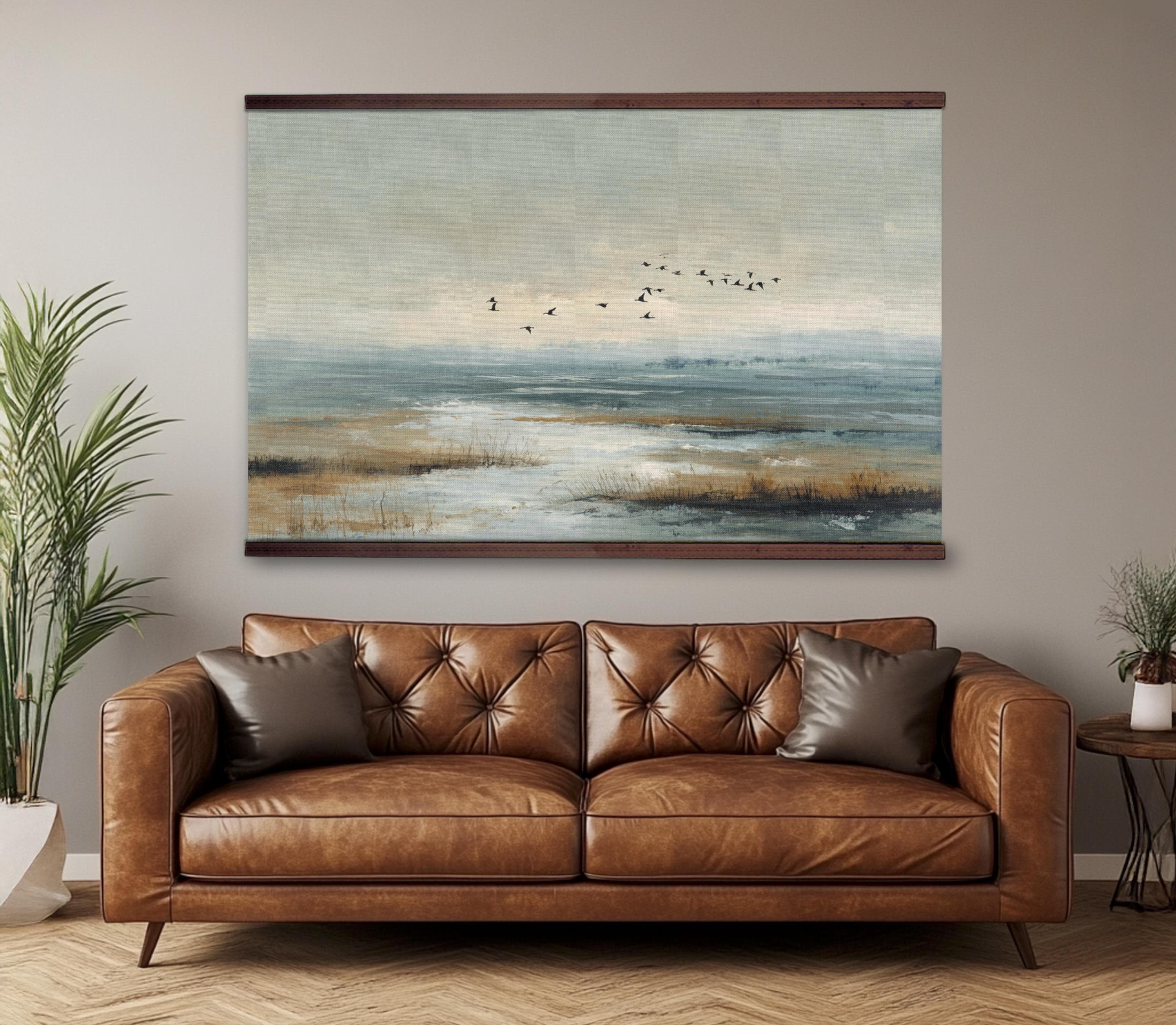 Extra Large Coastal Wall Art Beach Landscape, Moody Beach Painting
