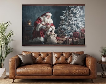 Weihnachts-Wand-Kunst-Dekor, Weihnachtsmann am Weihnachtsbaum - Klassischer Feiertags-Wand-Kunstdruck, Vintage Weihnachtsmann-Dekor, gemütlicher Winter-Wandteppich