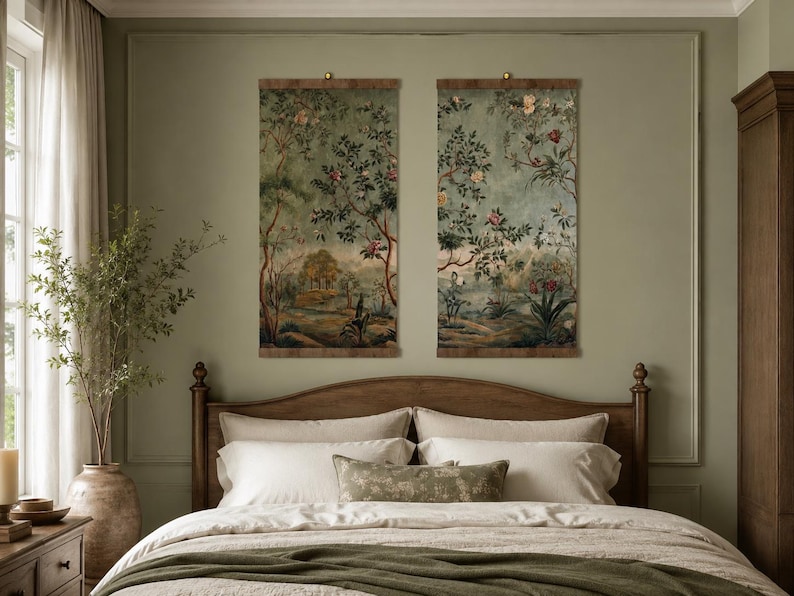 Set of 2 Chinoiserie Wall Art Tapestry, Old Money Decor, Vintage Botanical Garden Print, Grandmillennial Oriental Art