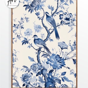 Antique Vintage Blue Chinoiserie Wall Art Prints, Set of 3 Botanical Posters