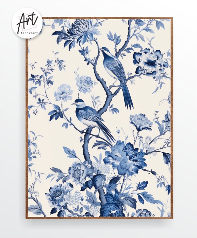 Antique Vintage Blue Chinoiserie Wall Art Prints, Set of 3 Botanical Posters