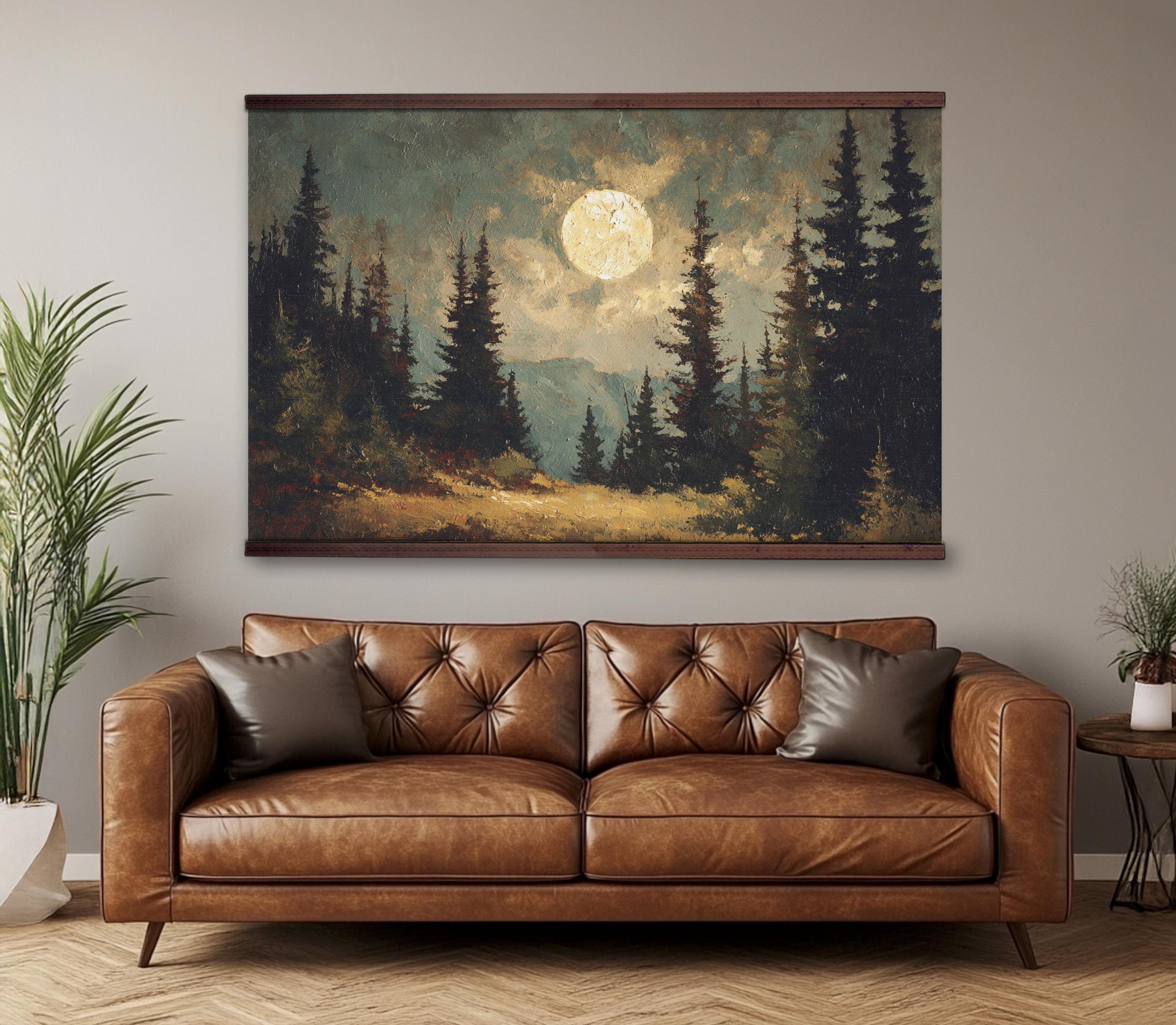 Moon Forest Wall Art, Rustic Cabin Decor, Pine Tree Landscape Painting ...