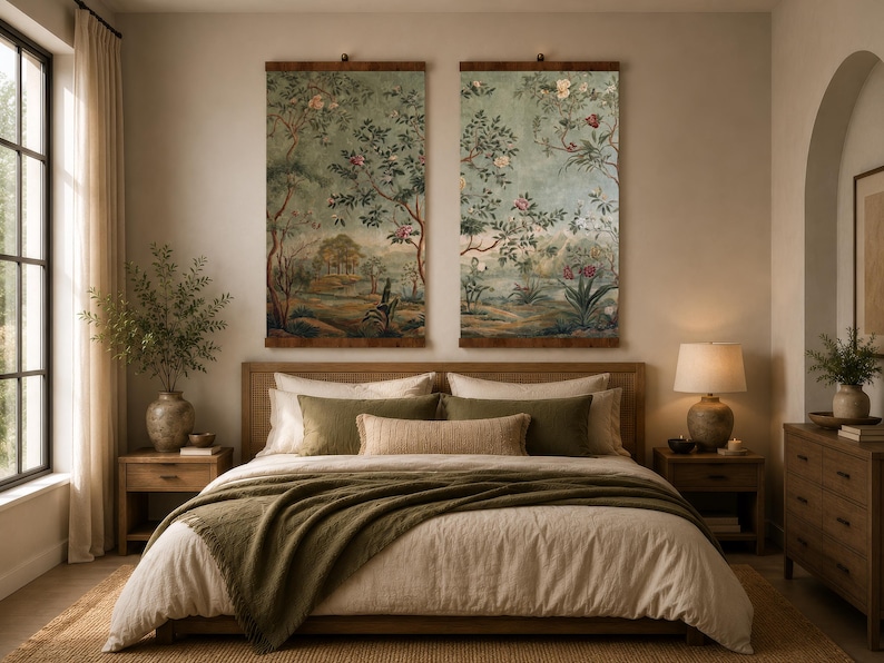 Set of 2 Chinoiserie Wall Art Tapestry, Old Money Decor, Vintage Botanical Garden Print, Grandmillennial Oriental Art