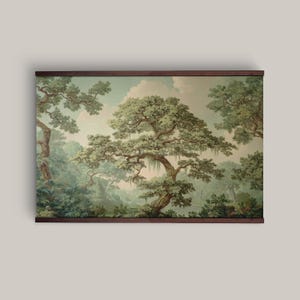 May include: A framed landscape print featuring a lush forest scene with large, detailed trees and foliage in shades of green and brown. The artwork has a vintage aesthetic, with a light blue sky and a dark brown frame.