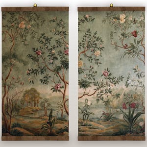 Set of 2 Chinoiserie Wall Art Tapestry, Old Money Decor, Vintage Botanical Garden Print, Grandmillennial Oriental Art