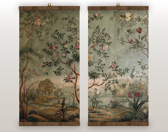 Set of 2 Chinoiserie Wall Art Tapestry, Old Money Decor, Vintage Botanical Garden Print, Grandmillennial Oriental Art
