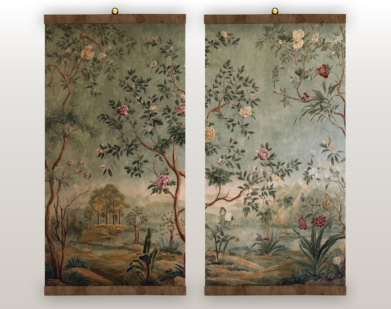 Set of 2 Chinoiserie Wall Art Tapestry, Old Money Decor, Vintage Botanical Garden Print, Grandmillennial Oriental Art