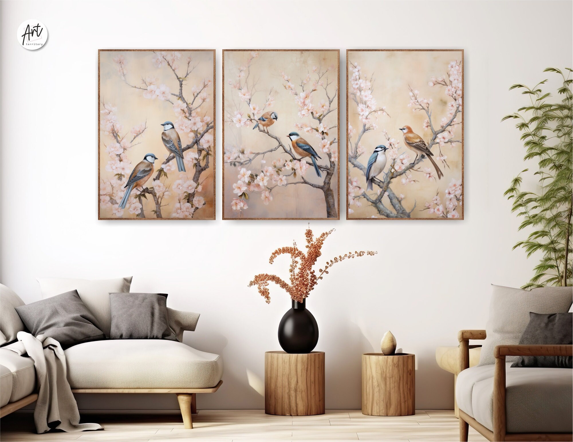 Chinoiserie Birds Art Prints, Floral Botanical Wall Decor Set of 3 ...