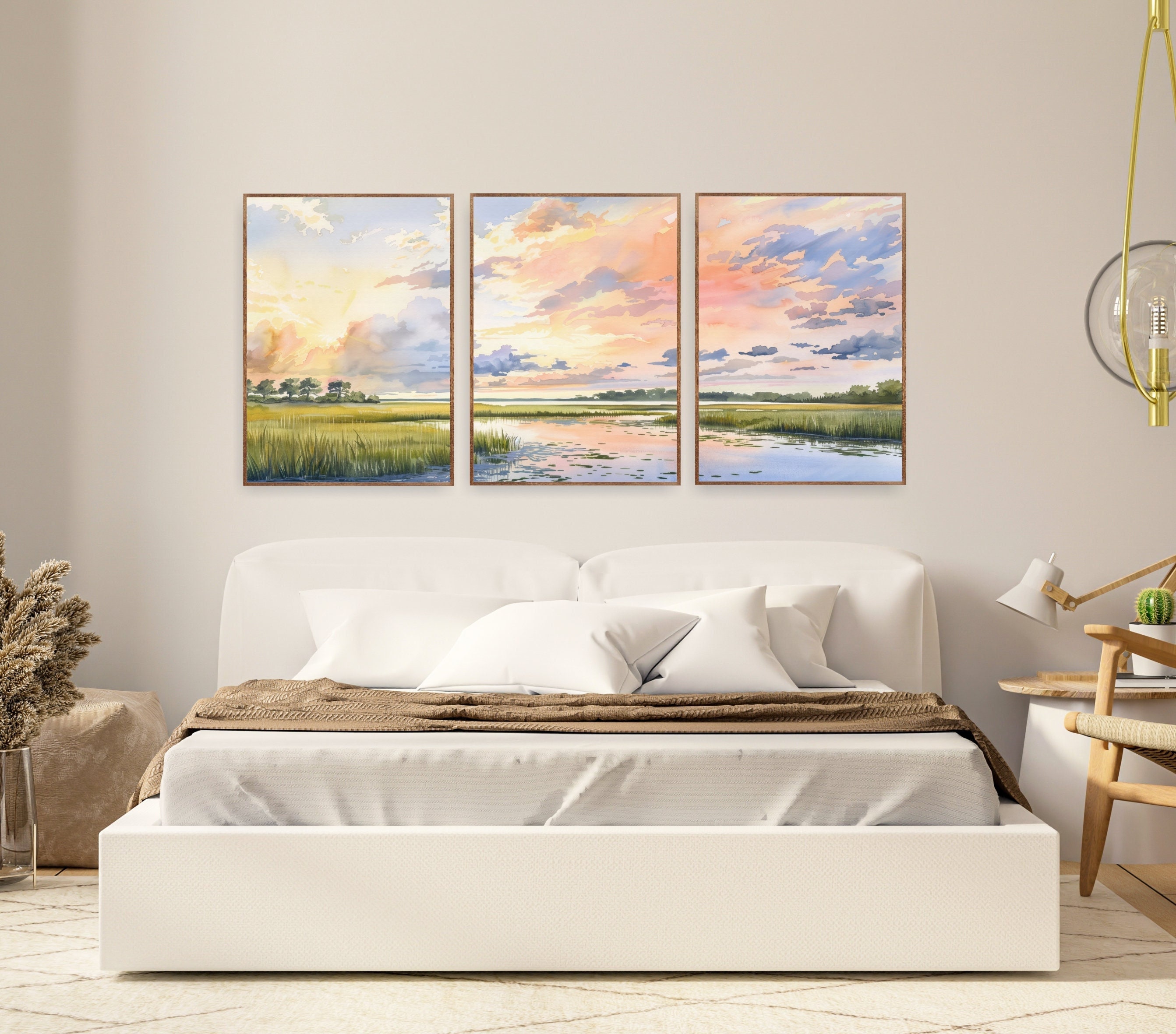 Pastel Marsh Sunset Set of 3 Posters, North Carolina South Carolina Coastal Watercolor Wall Art Print, Pink Beach House
