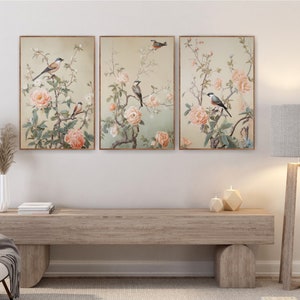 Chinoiserie Birds Prints, Floral Botanical Wall Art Set of 3 Posters or ...