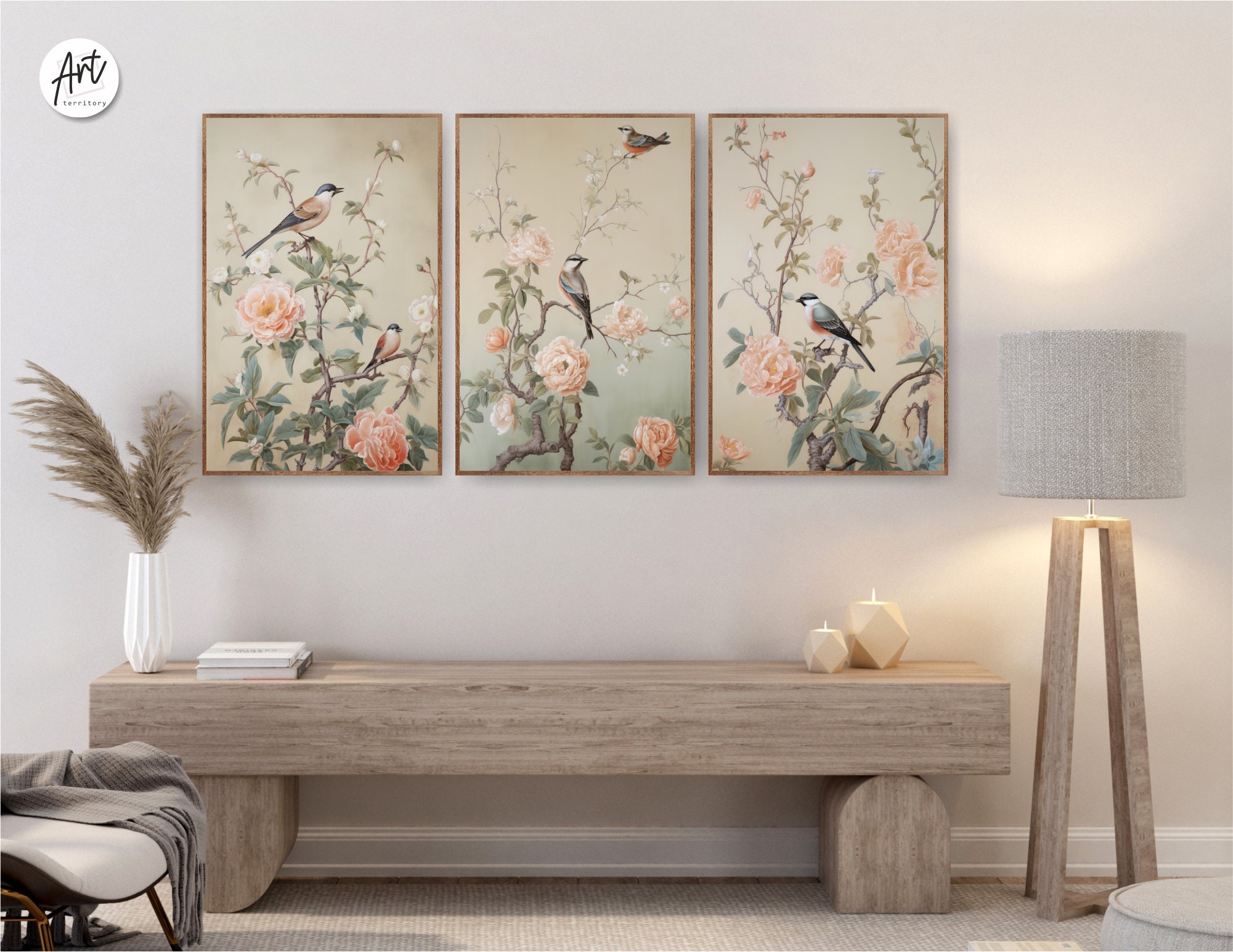 Chinoiserie Birds Prints, Floral Botanical Wall Art Set of 3 Posters or ...