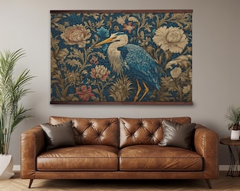 William Morris Blue Heron Tapestry, Vintage Floral Canvas Scroll, Botanical Wall Hanging