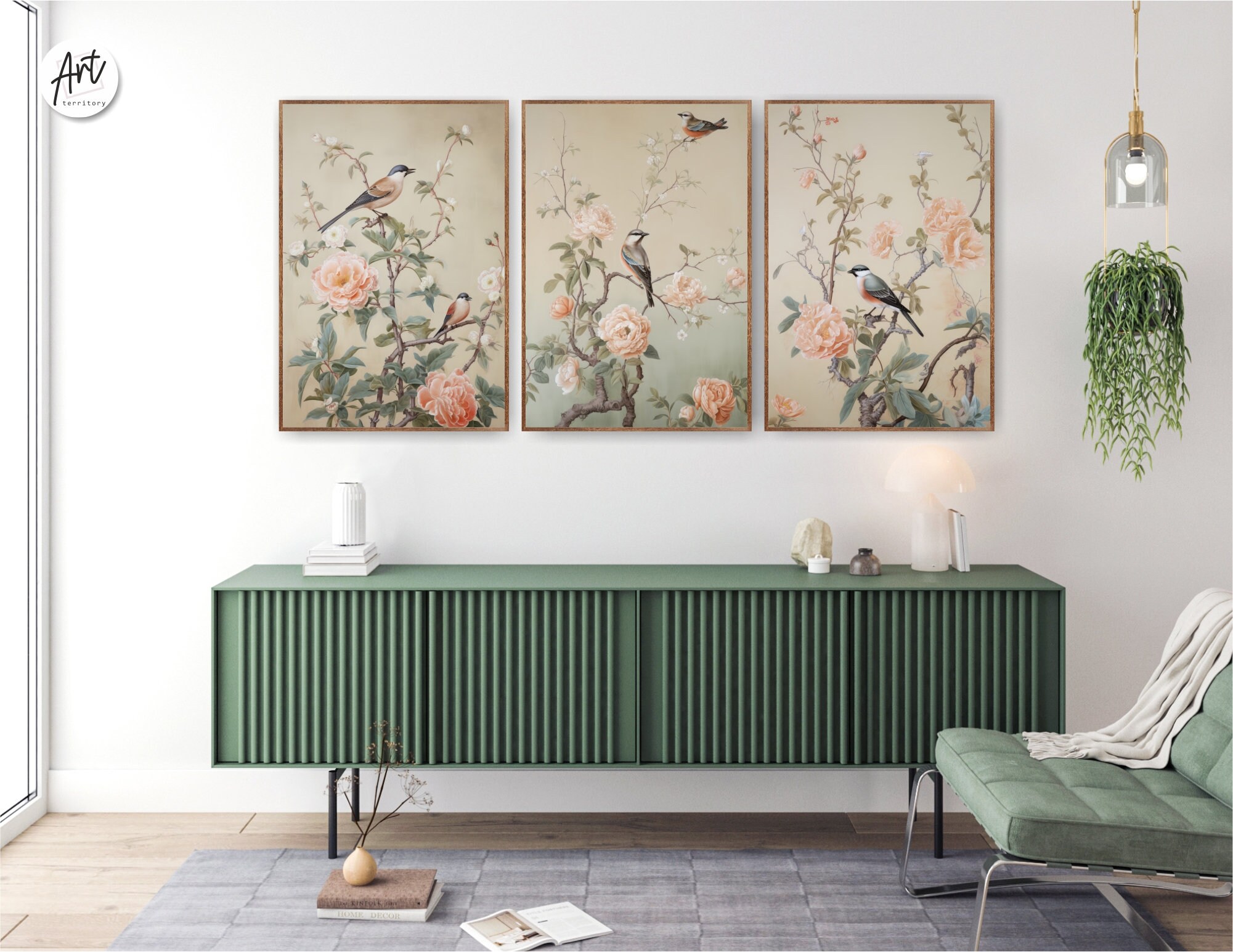 Chinoiserie Birds Prints, Floral Botanical Wall Art Set of 3 Posters or ...