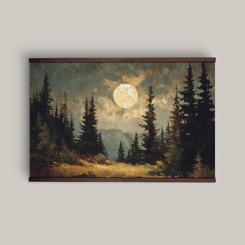 Moon Forest Wall Art, Rustic Cabin Decor, Pine Tree Landscape Painting ...