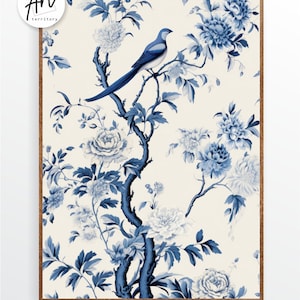 May include: A blue and white floral print with a blue bird perched on a branch. The design is reminiscent of traditional Chinese porcelain.