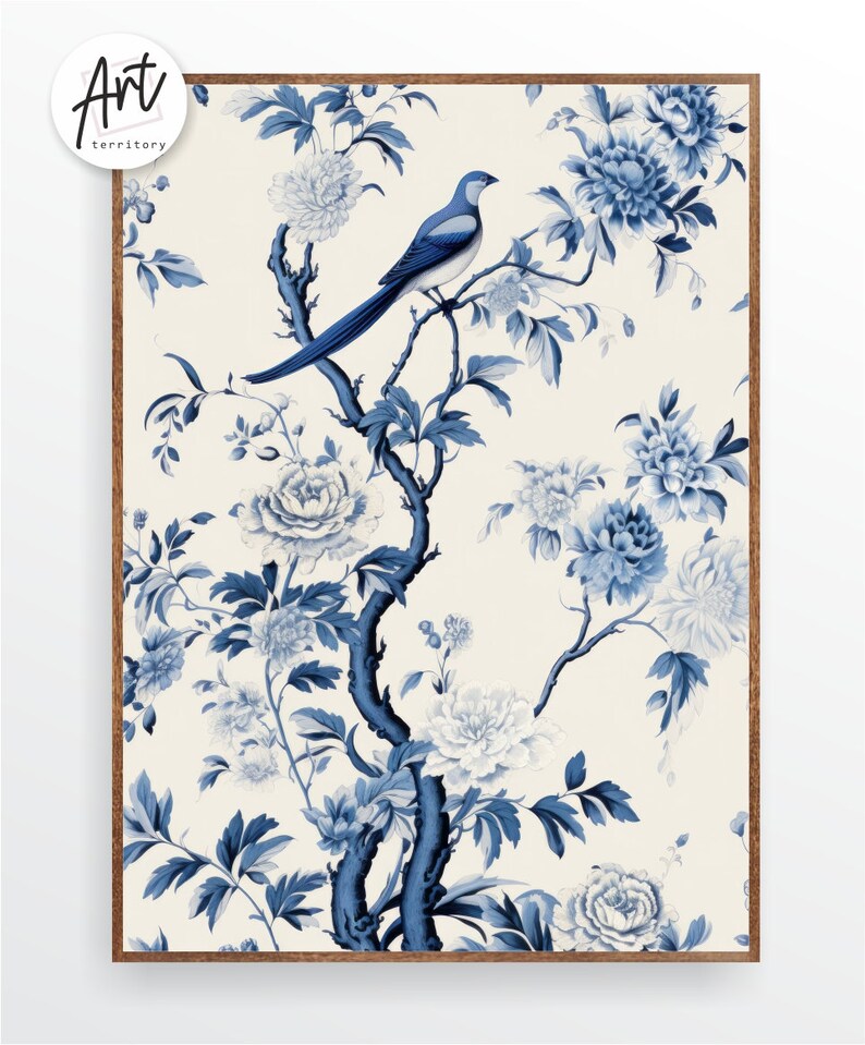 May include: A blue and white floral print with a blue bird perched on a branch. The design is reminiscent of traditional Chinese porcelain.