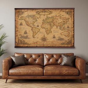 May include: A rectangular wall hanging featuring an antique-style world map printed on aged, tan-colored paper. The map displays continents, oceans, sailing ships, and a compass rose, all framed by dark brown wooden slats at the top and bottom.