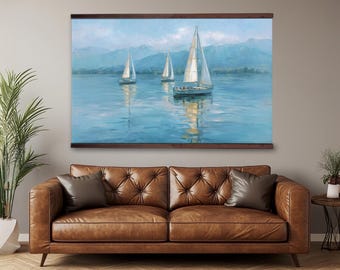 Quadro decorativo de veleiro, estampa de paisagem costeira azul, decoração náutica oceânica, tela para casa