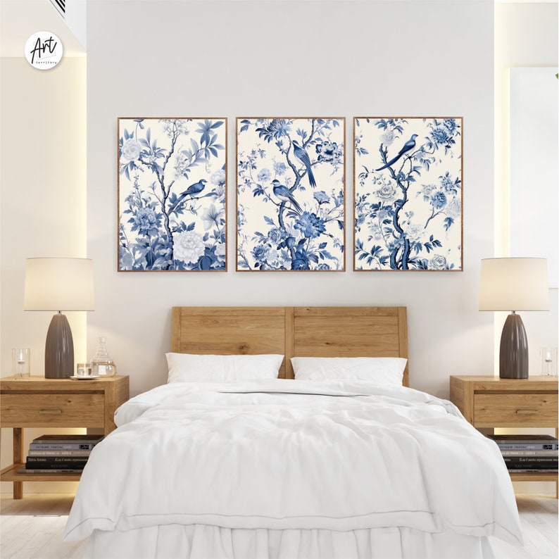 May include: Three framed prints with a white background and blue floral designs. The prints feature blue birds and flowers in a traditional Chinese style.