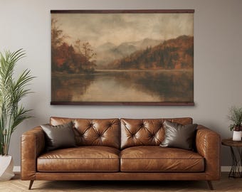 Misty Mountain Lake Tapestry: Rustic Vintage Landscape Wall Hanging
