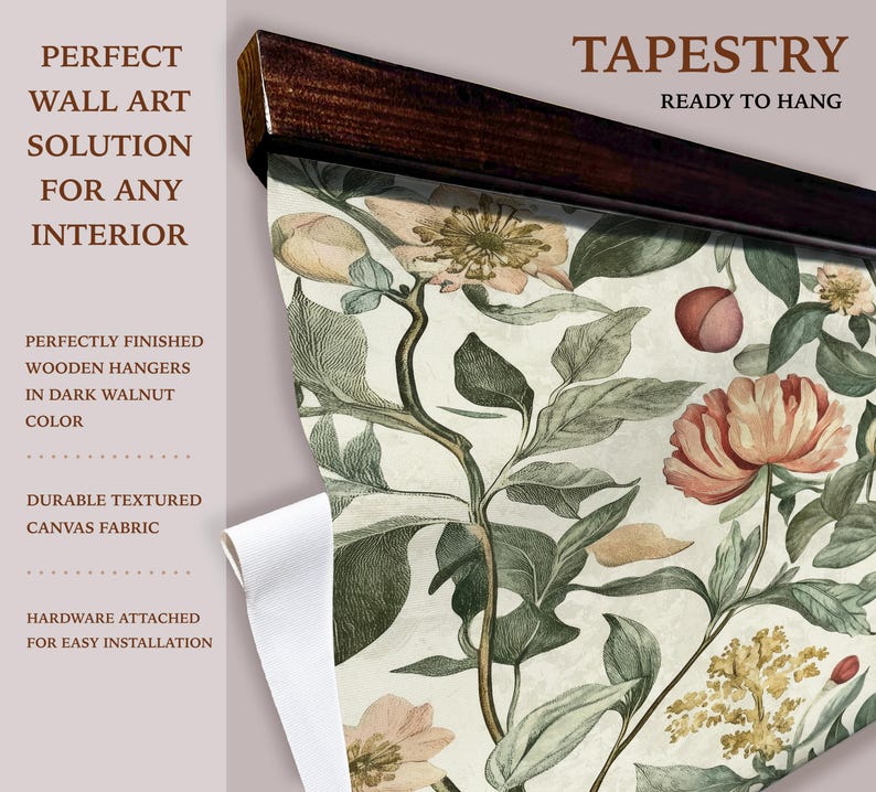 Vintage floral tapestry featuring detailed illustrations of various flowers and green leaves, printed on light canvas-textured fabric, with walnut-colored wooden hangers on top and bottom.