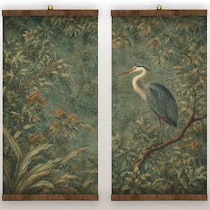 May include: Two vertical wall hangings featuring a dark green botanical scene with foliage and orange flowers. The right panel depicts a grey heron perched on a tree branch. Both pieces are mounted on dark wooden rods with gold finials.