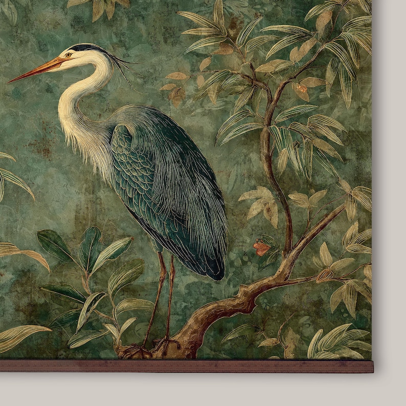 William Morris Print, Blue Heron Chinoiserie Tapestry, Floral Botanical Extra Large Vintage Wall Hanging, Ready to Hang Decor