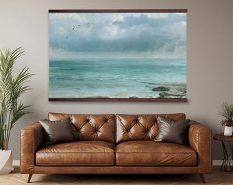 Coastal Seascape Canvas Wall Art Tapestry, Vintage Ocean Painting Print, Large Beach House Decor