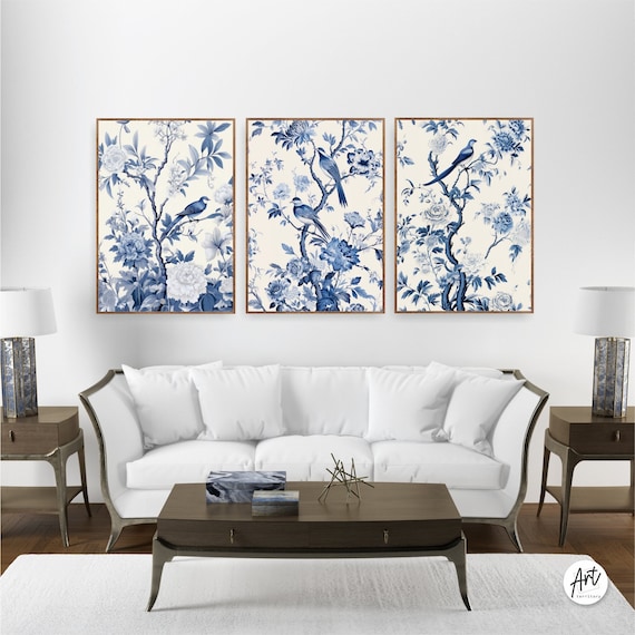 Antique Vintage Blue Chinoiserie Wall Art Prints, Set of 3 Botanical Posters or Canvases