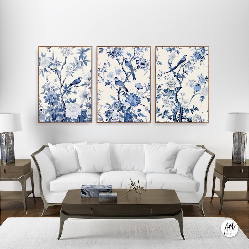 Antique Vintage Blue Chinoiserie Wall Art Prints, Set of 3 Botanical Posters