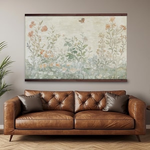 Extra Large Vintage Botanical Floral Tapestry, Oversized Canvas, Framed Wall Art