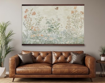 Extra Large Vintage Botanical Floral Tapestry, Oversized Canvas, Framed Wall Art
