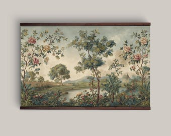 Chinoiserie Garden Art Print, Large Hanging Canvas, Oversized Botanical Tapestry