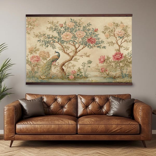 Tree of Life Chinoiserie Peacock Wall Hanging – Vintage Floral Tapestry Art