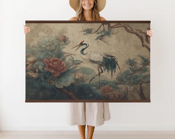Japanese Crane Tapestry: William Morris Style Floral Wall Hanging