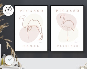 Picasso modern abstract line wall art canvas print set, camel & flamingo poster painting
