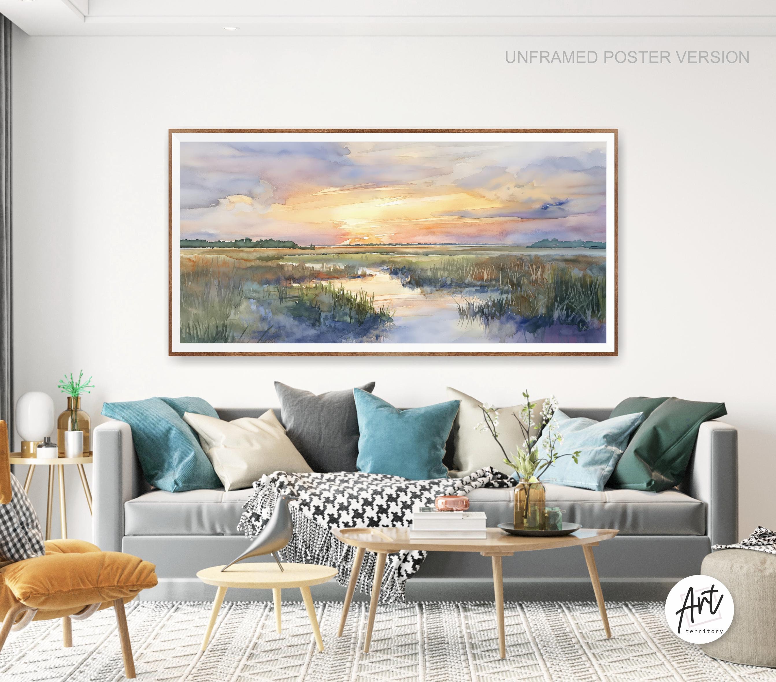 Marsh Sunset, Landscape Painting, Carolina Lowcountry, Farmhouse Decor, Coastal Watercolor Wall Art Print, Pink Beach House