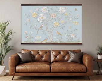 Blue Chinoiserie Wall Tapestry, Vintage Floral Bird Canvas Hanging, Cottagecore Botanical Wall Decor, Extra Large Grandmillennial Wall Art
