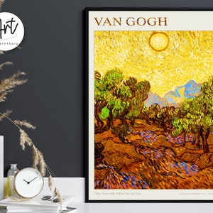 Van Gogh Wall Art Poster Prints, Gallery Exhibition Canvas or Poster - Olive Trees with Yellow Sky and Sun
