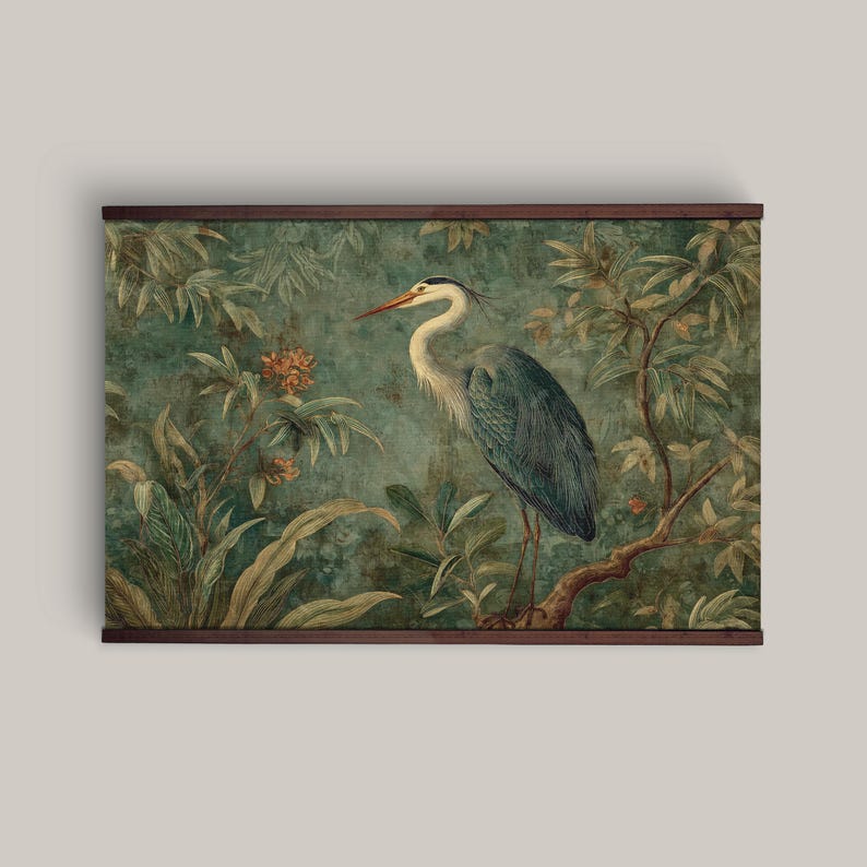 William Morris Print, Blue Heron Chinoiserie Tapestry, Floral Botanical Extra Large Vintage Wall Hanging, Ready to Hang Decor