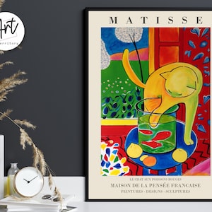 Matisse Gallery Wall Art Boho Poster Set Line Prints - The Cat and red fish