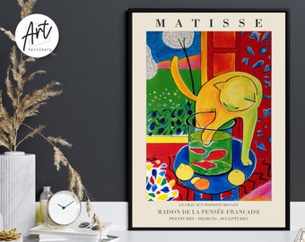 Matisse Gallery Wall Art Boho Poster Set Line Prints - The Cat and red fish