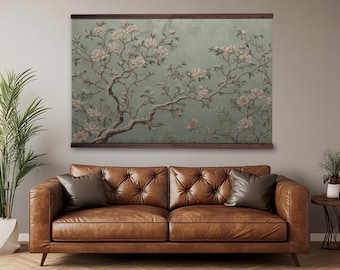 Chinoiserie Canvas Tapestry: Vintage Floral Bird Wall Art with Wood Hanger