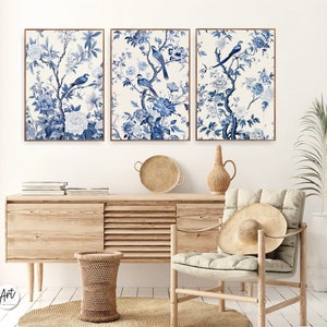 Antique Vintage Blue Chinoiserie Wall Art Prints, Set of 3 Botanical Posters
