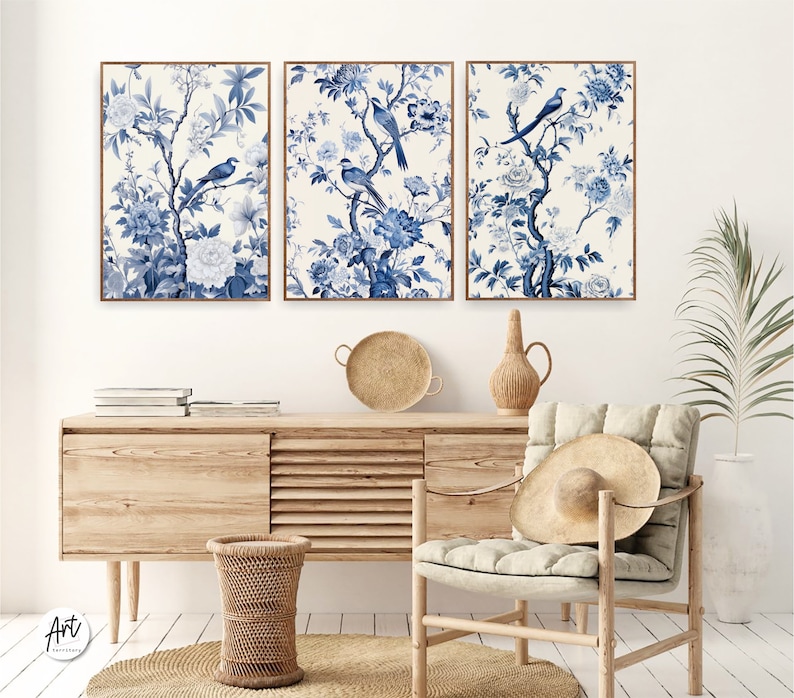 Antique Vintage Blue Chinoiserie Wall Art Prints, Set of 3 Botanical Posters