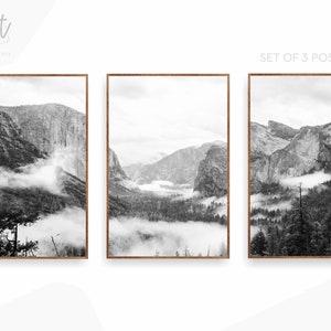 National park prints black and white canvas wall art set of 3, Yosemite mountains nature, bedroom wall art poster, photography prints